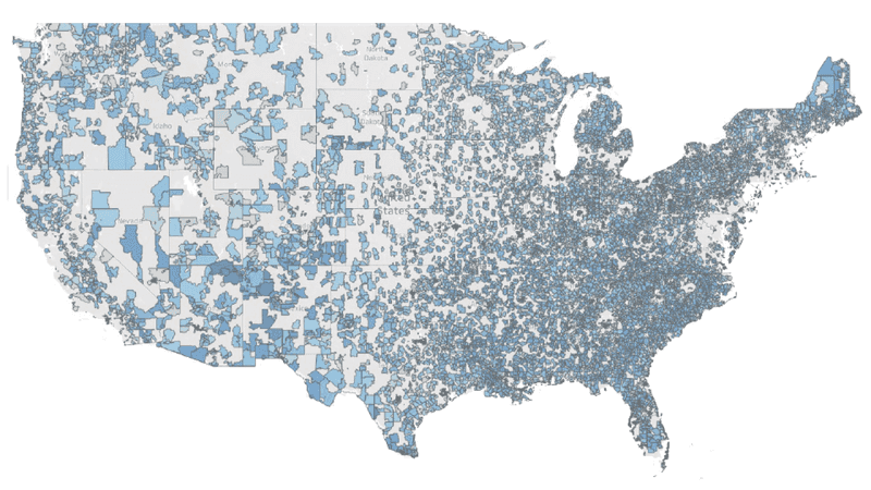 US map of zip codes below the median income